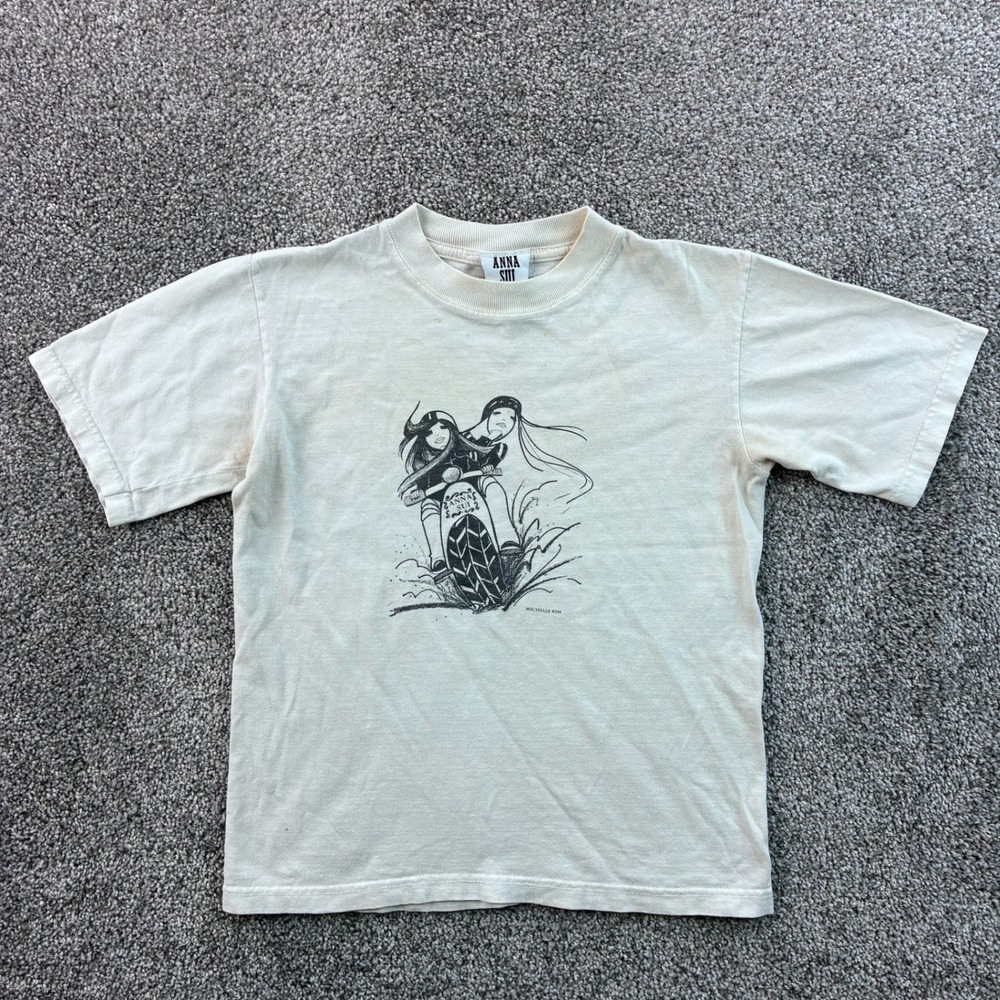Vintage Anna Sui Shirt Women's Small Cream Cotton Biker Michelle Kim Art Sample